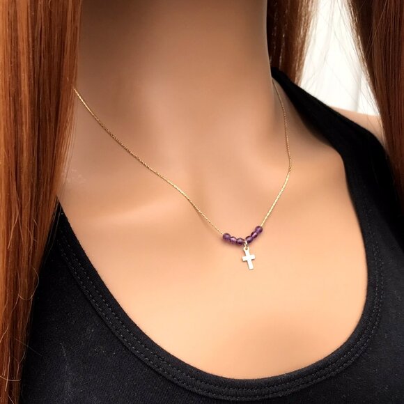 Beaded Cross necklace, gold, Easter gift, Christian gift, minimalist, gemstone, - Picture 2 of 6